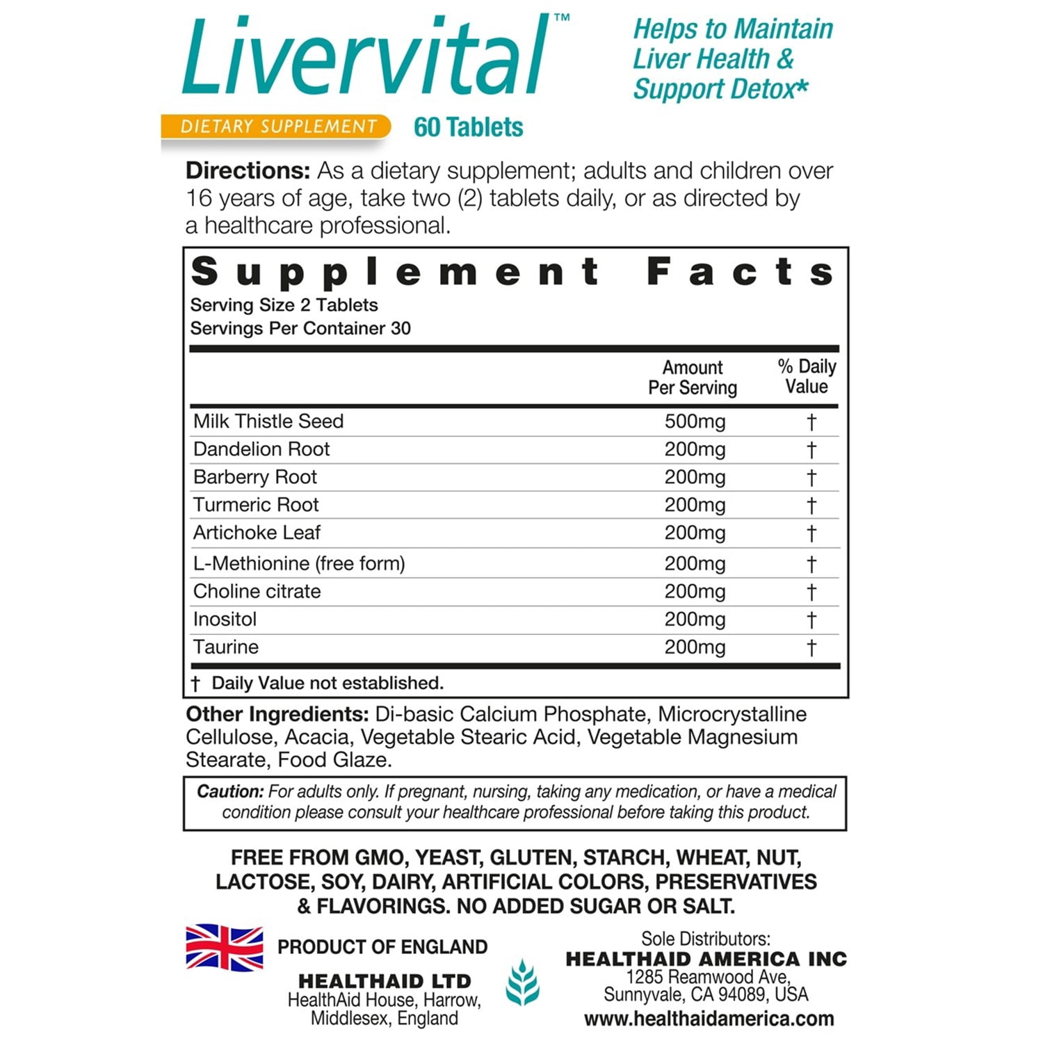 HealthAid LiverVital, Liver Health & Support, with Milk Thistle, Dandelion, Turmeric & Artichoke Plus Methionine, Choline & Inositol, 60 Vegetarian Tablets