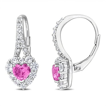 Miabella 2-1/3 CT TGW Created Pink Sapphire & Created White Sapphire Halo Heart Leverback Earrings in Sterling Silver
