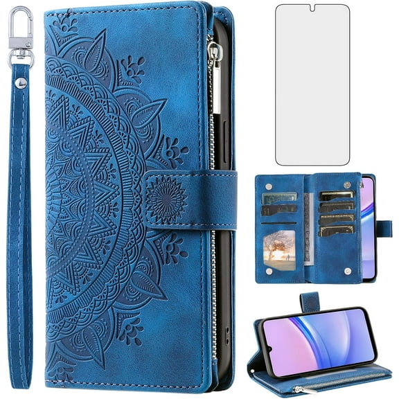 Phone Case for Samsung Galaxy A15 5G Wallet Cover with Tempered Glass Screen Protector and Wrist Strap Mandala Flower Flip Zipper Credit Card Holder Slot Stand Cell A 15 4G 15A Women Men Blue