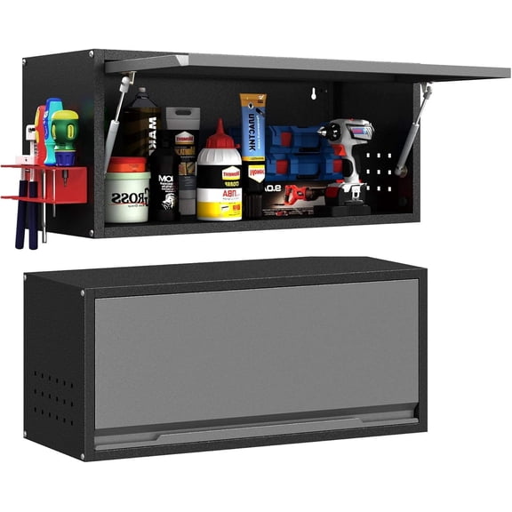 Wall Mounted Metal Storage Cabinet with Flip-Up Door, 14" H x 31.5" W x 12.5" D, Heavy-Duty Steel Garage Cabinet for Kitchen, Workshop, or Warehouse