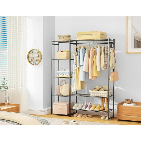 Portable Wardrobe Closet - Heavy Duty Free Standing Clothing Rack with 4 Shelves & Hanging Rod for Bedroom Storage, Black