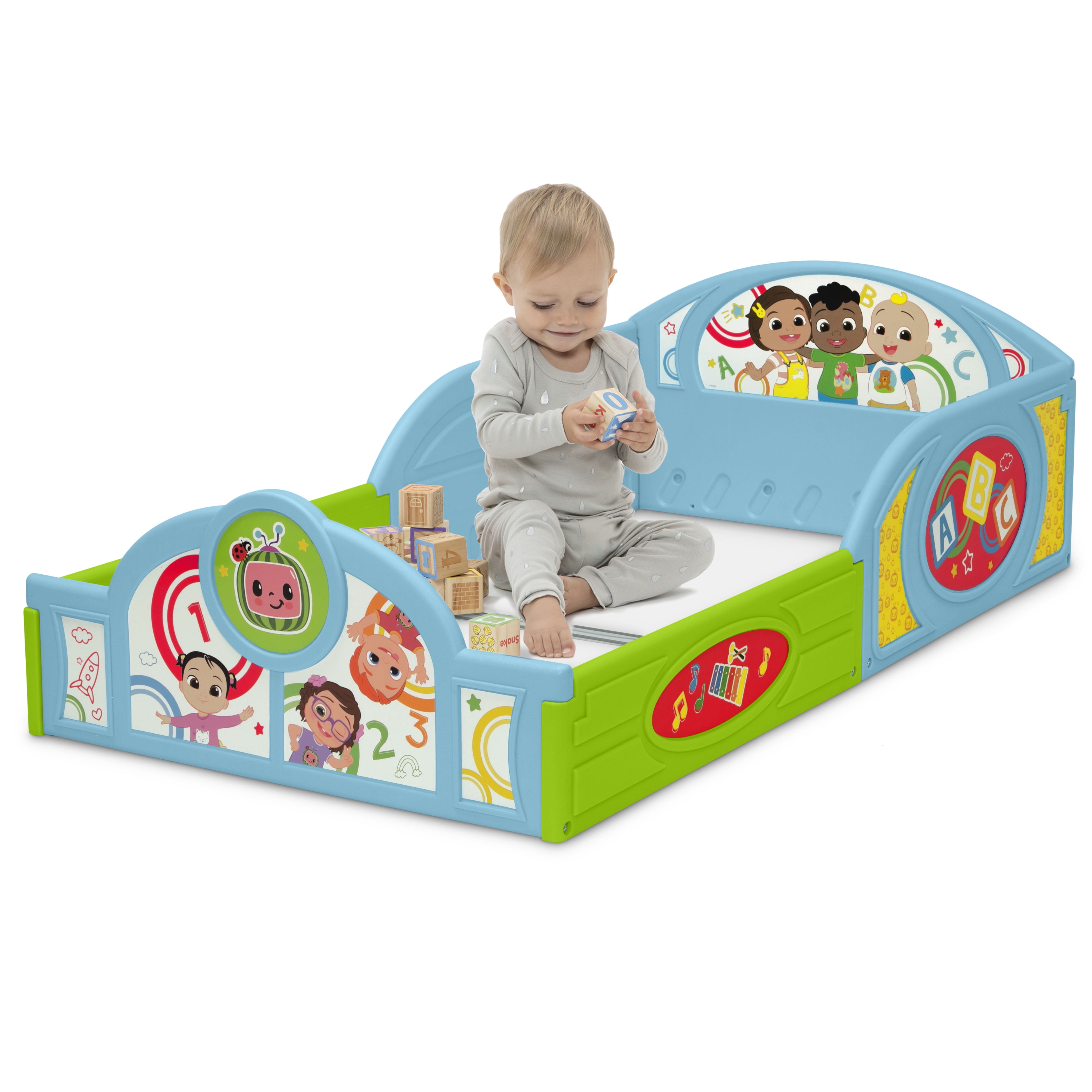CoComelon Sleep and Play Toddler Bed with Built-In Guardrails by Delta Children, Blue/Multi