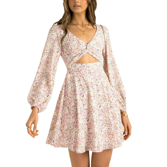 SAYOO Mini vestido con estampado floral para mujer, manga larga con cuello en V ahueca hacia fuera el vestido corto con nudo de cintura alta SAYOO Moda