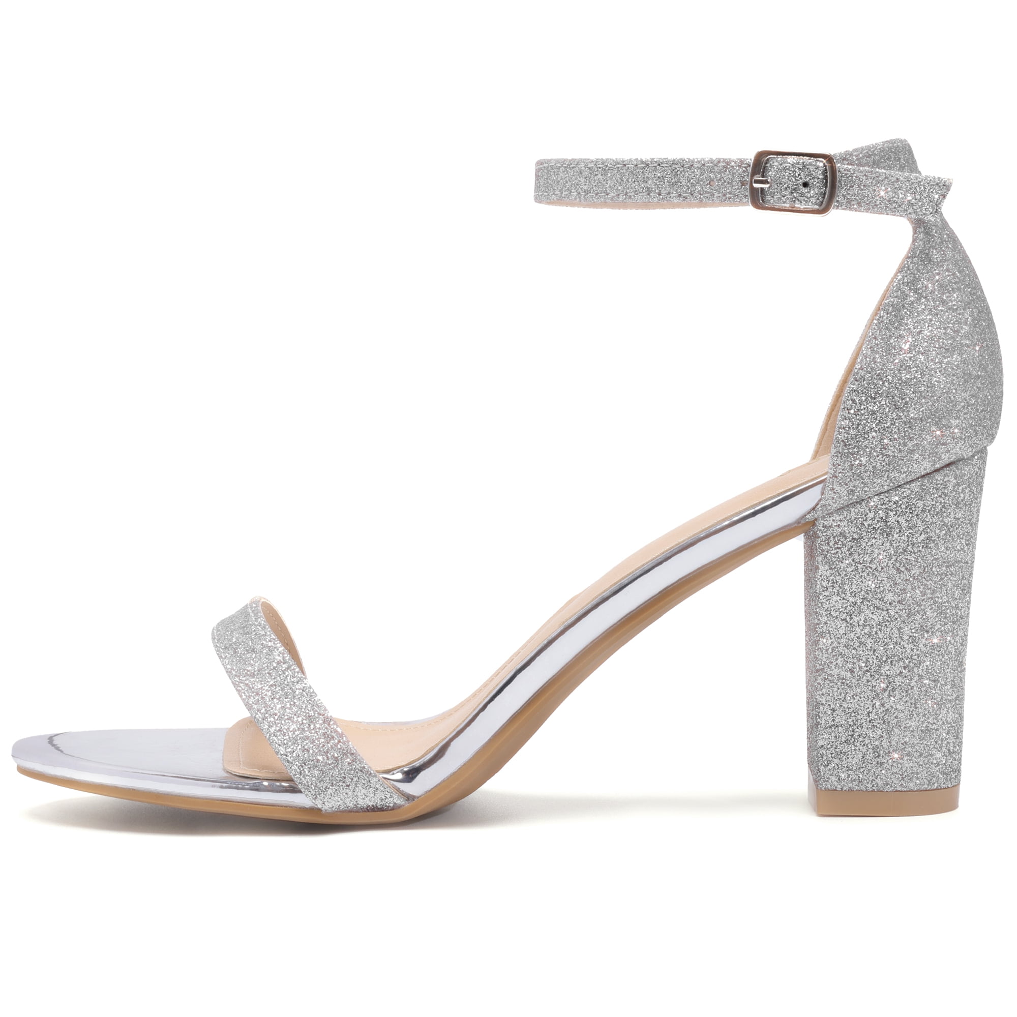 DARING DIVA Women's Ankle Strap Chunky Heels Glitter Vamp Open-Toe Sandals Silver 8