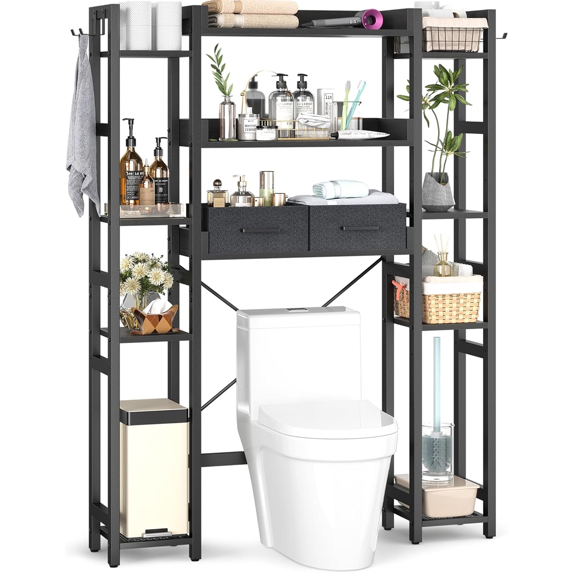 Homieasy Over The Toilet Storage with Drawers, 7-Tier Bathroom Organizer Freestanding Space Saver Storage Rack with 11 Shelves, Above Toilet Stand with 4 Hooks for Restroom, Laundry, Black