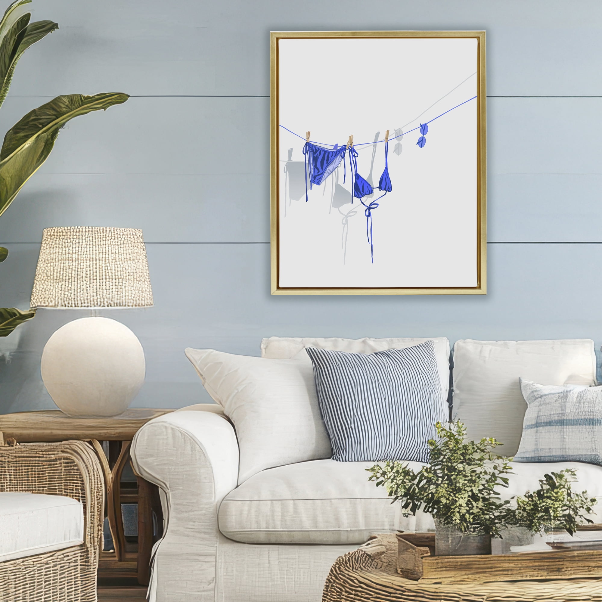 Stupell Industries Blue Bikini on Clothesline Gold Framed Floater Canvas Wall Art, design by Ziwei Li