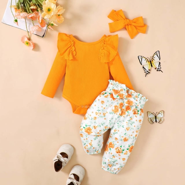 Yuyuzo Baby Girl Clothes Infant Newborn Ruffle Outfit 2 Piece Fall Winter Spring Ribbed Knit Tops Pants Set Cute Headband
