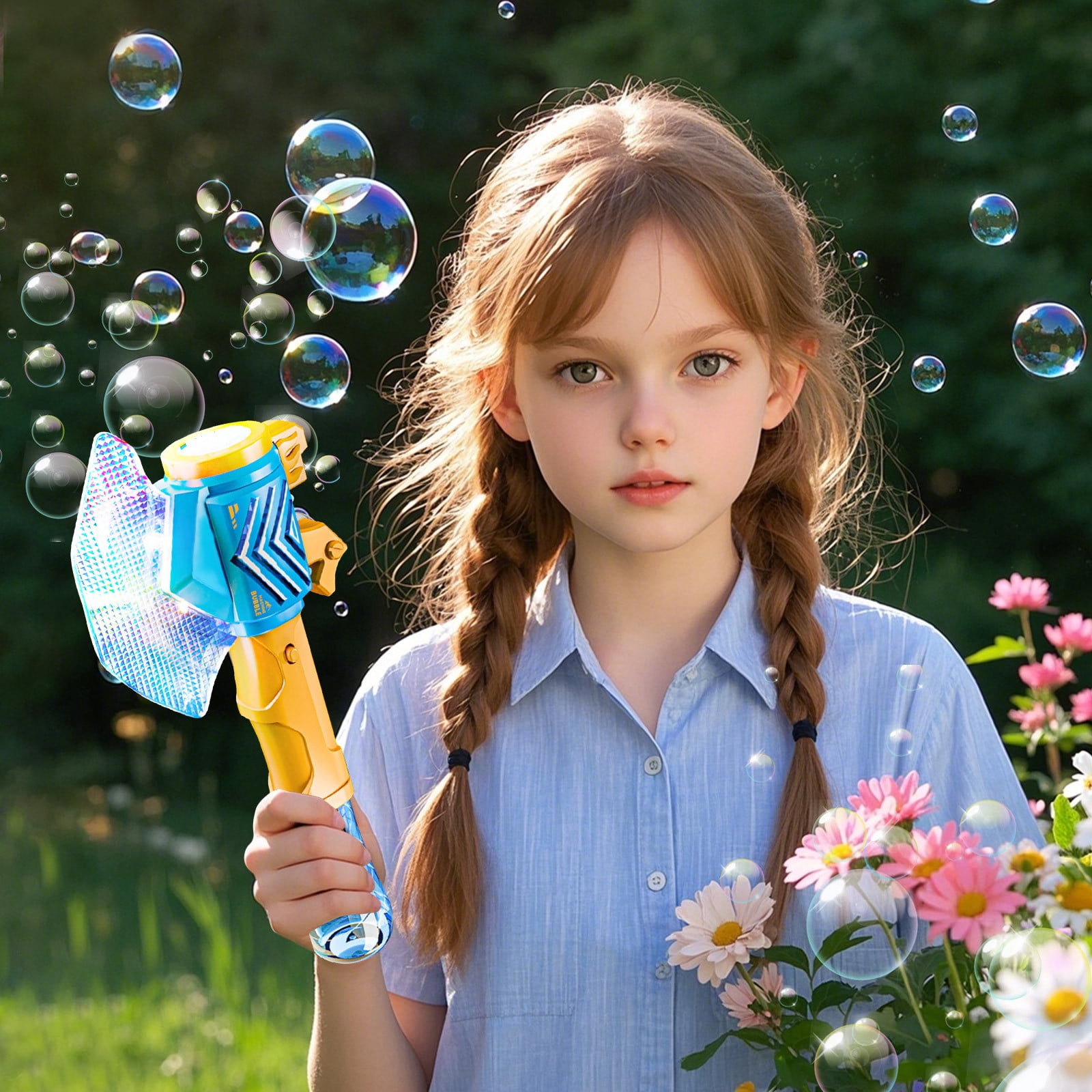 Cartoon Battle Axe Bubble Machine, Automatic Bubble Blower with LED Lights and Large Bubble Output, Portable Outdoor Bubble Maker with 130ml Bubble Solution