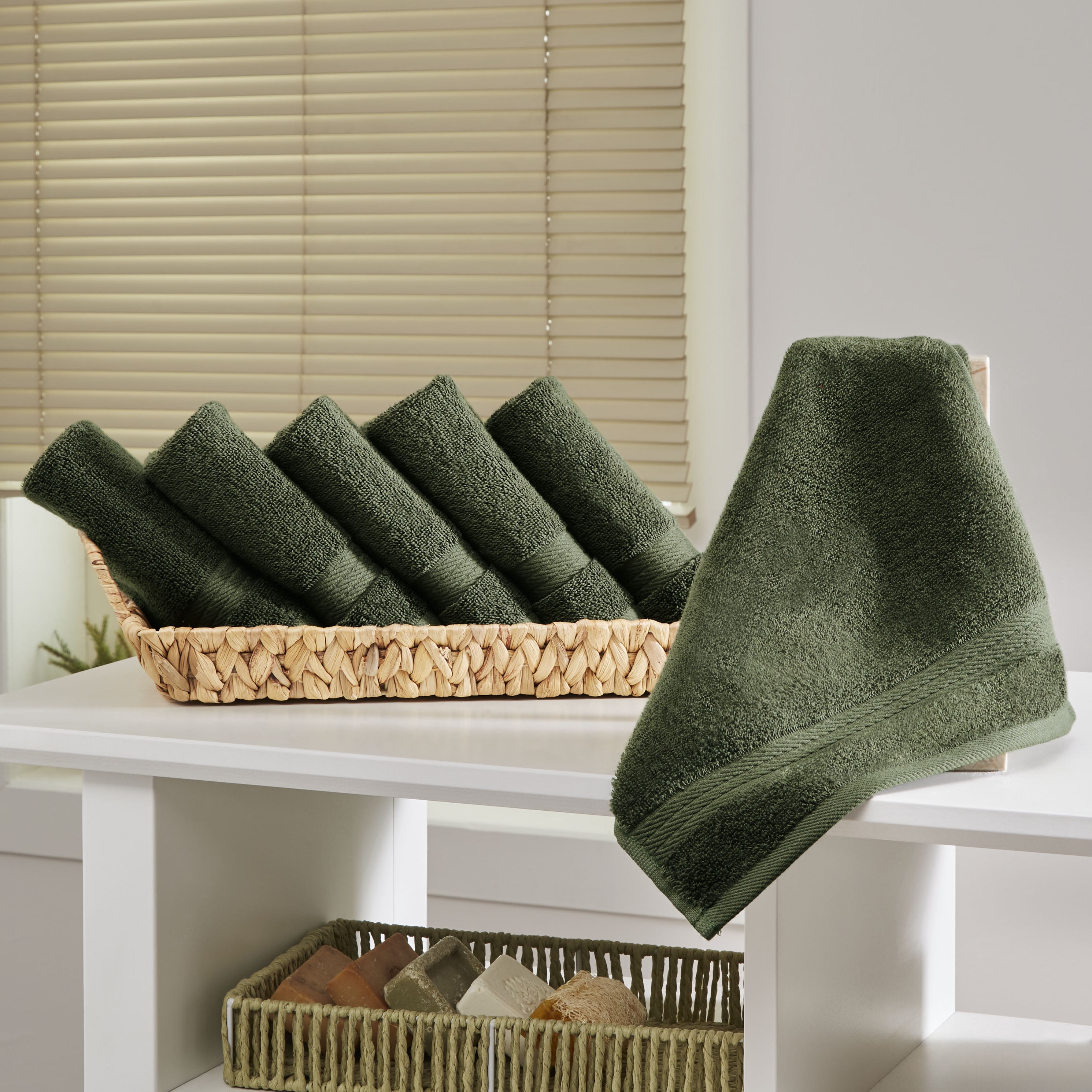 Ozdilek 6-Piece Washcloth Set 13x13 Bath Towels 100% Turkish Cotton, 600 GSM, Soft, Gentle on Sensitive Skin, Multi-Purpose Use, Washable, Reusable, Ideal for Baby Care & Spa 6 Towels (Fern Green)