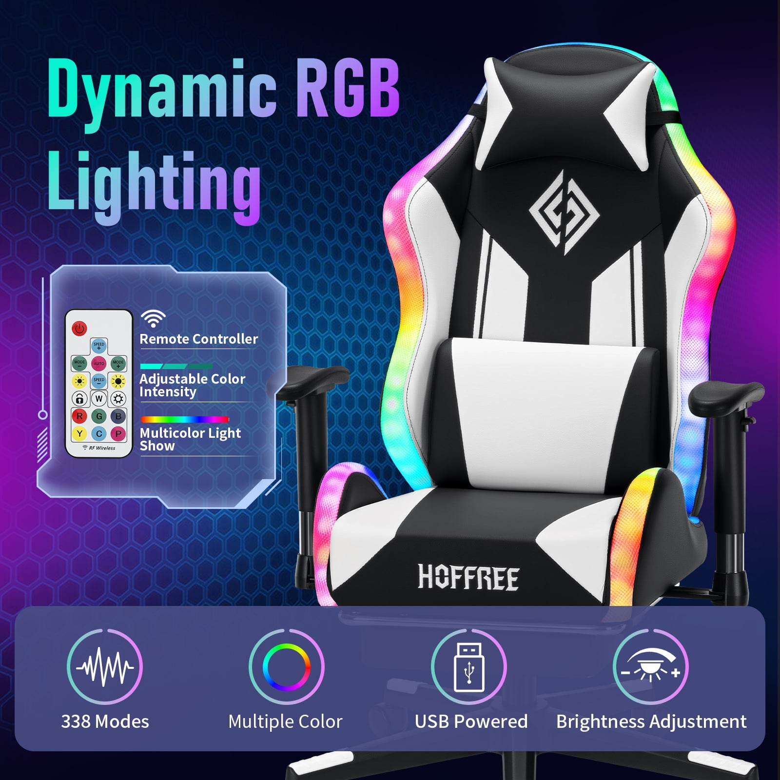 Hoffree LED Gaming Chair for Kids 8-14 Gaming Chairs for Teens with Adjustable Headrest and Lumbar Support Ergonomic PU Leather Kids Gaming Chair with Led Lights