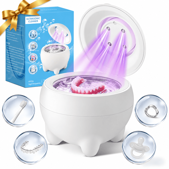 Clean in Just 5 Minutes! Retainer Cleaner Machine 45kHz Ultrasonic Dental Cleaning Pod for Aligners, Dentures, Night Guards & Mouth Guards, Portable Quiet Cleaner, White