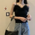 thumbnail image 6 of GENEMA Womens Sexy Faux Fur Feather Trim Camisole Knitting Spaghetti Strap Slim Tank Top Solid Color Fluffy Baselayer Sleeveless Sling Bandeau Vest, 6 of 19