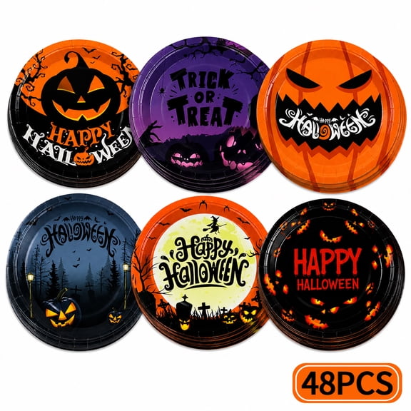 Halloween Paper Plates Disposable 9 inch Halloween Party Plates for Halloween Trick or Treat Party Dinner Decoration 48Pcs , 6 Style