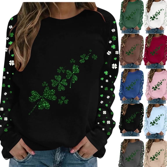 St Patrick's Day Shirt Women Long Sleeve Clover Graphic Sweatshirts Holiday Comfy Crew Neck Tunic Blouses St Paddy's Day Outfits 2026
