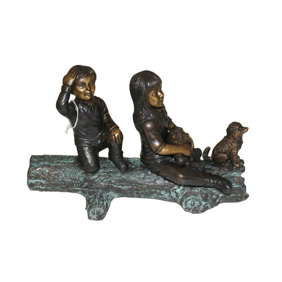Nifao Two Kids with Dog on Log Bronze Statue - Size: 12"L x 5"W x 8.5"H