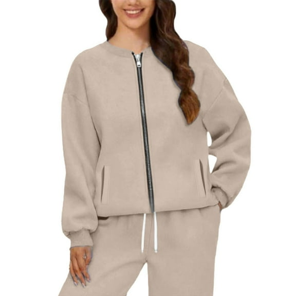 Holzkary Zip Up Cardigan Sweatshirts for Women Sweatshirts with Pocket Long Sleeve Cute Hoodie Clothes Graphic Printed Pullover Top Comfy Fall Winter Outfits Clothes 2025 Fashion Beige L