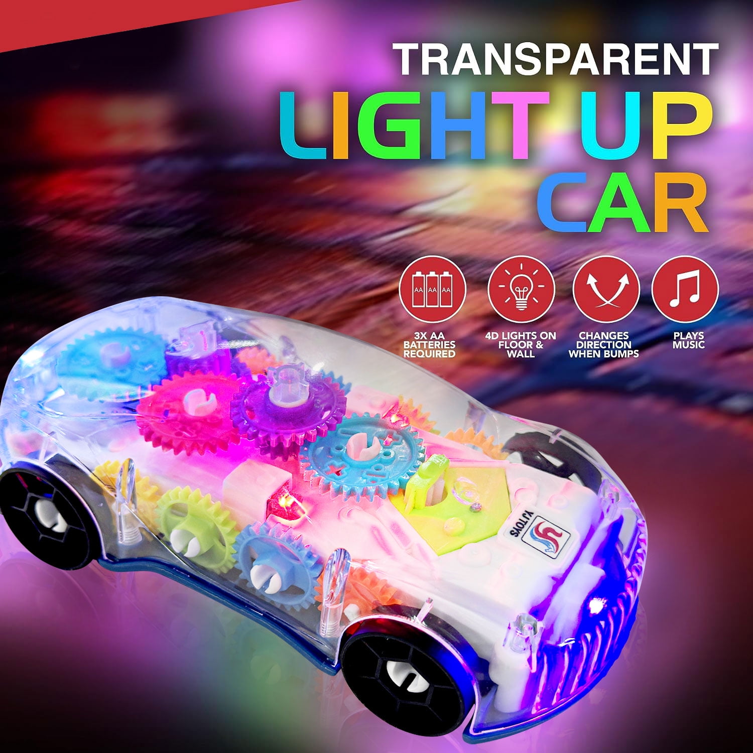 Kid Odyssey Light Up Transparent Car Toys for Kids, Bump and Go Toy Car with Colorful Moving Gears, Music, and LED Effects, Fun Educational Toy for Kids Toddlers, Great Birthday Gift Idea
