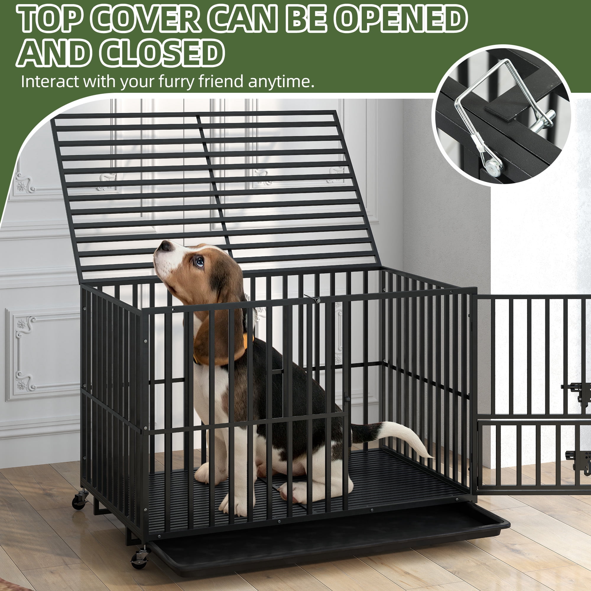 Uforic 42" Heavy Duty Dog Crate for Large Dogs with Lockable Wheels, Dog Kennel with Removable Tray