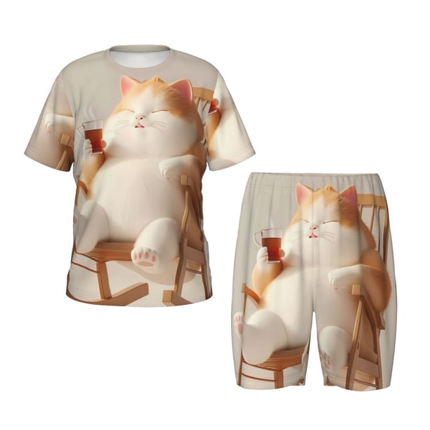 Balery Relaxing Cat With Tea Conjunto de Pijama Infantil de Manga Corta con Estampado – Ropa de Dormir de Algodón Suave-X-Large