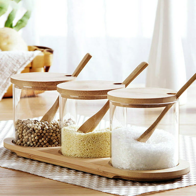 Condiment Jars with Lids , Spoons , and Tray. Containers for