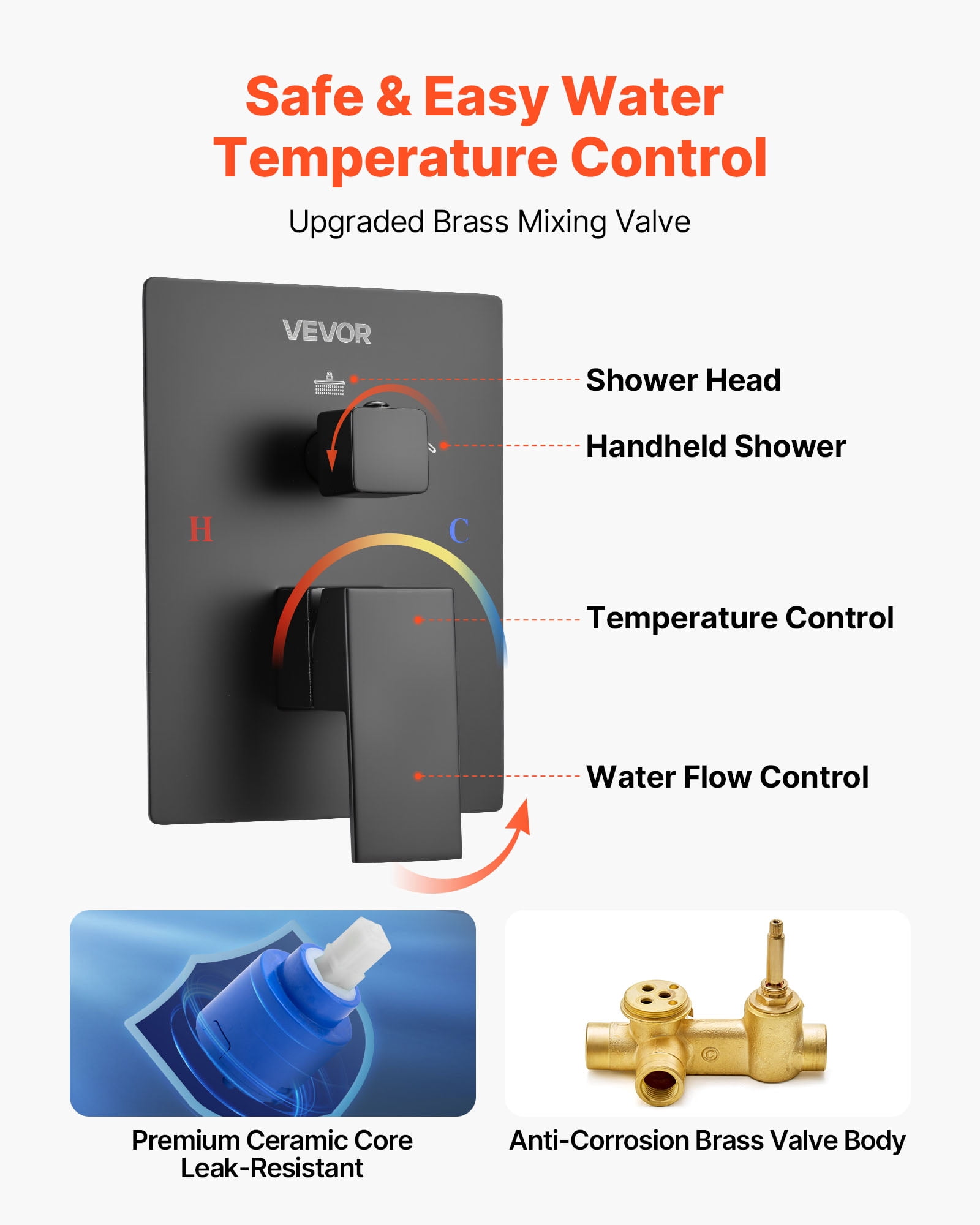 VEVOR Shower Faucet Set, Rainfall Bathroom Shower System with 12-Inch Square Rain Shower Head and Handheld Spray, Wall Mounted Bath Fixtures with Brass Valve and Trim Kit, Matte Black