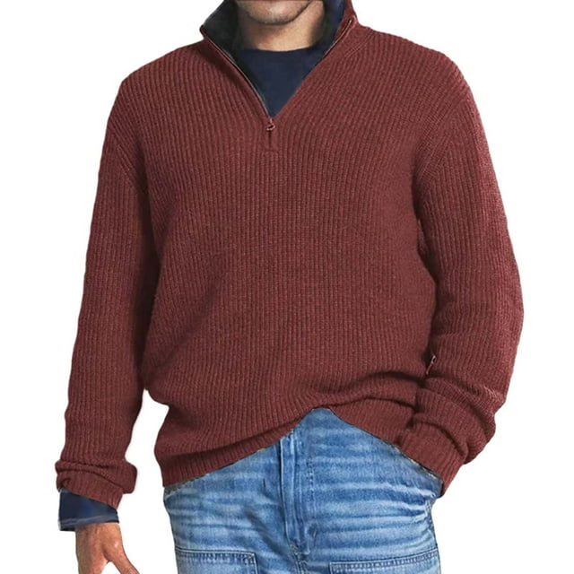 Uinagy Men's Knitted Wool Long Sleeve Sweater Zip-Up Top