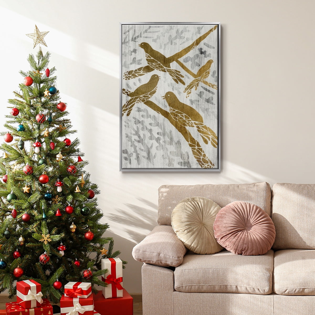 Four Calling Birds - Gold Leaf Holiday - Framed Gallery Wrapped Holiday Canvas - 25 x 37 - Silver Frame
