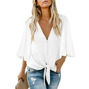 Dokotoo Women's Chiffon Casual Tie Knot Blouses V Neck Tops 3/4 Sleeve Button Down Shirts Size Large US 12-14