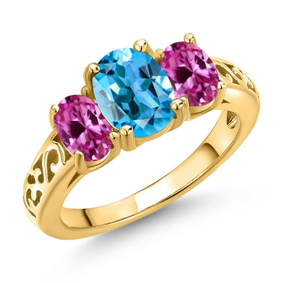Gem Stone King 18K Yellow Gold Plated Silver Swiss Blue Topaz and Pink Created Sapphire Filigree Style 3 Stone Ring for Women (2.50 Cttw, Oval 8X6MM and 6X4MM) (Size 9)