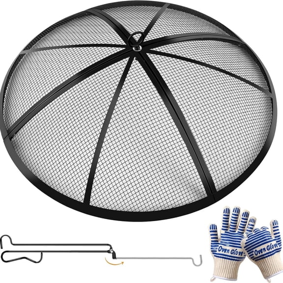 Fire Pit Spark Screen, Outdoor 30 Inch Round Fire Pit Screen with Foldable Hook and Fire Safety Gloves, Heavy Duty Steel Mesh Fire Pit Cover, Fire Pit Lid for Backyard, Beach, RV Camping
