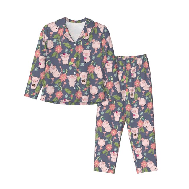 Fotbe Pigs 1 Conjunto de Pijama de Manga Larga para Mujer con Estampado, Ropa de Dormir de 2 Piezas, Conjunto de Casa Suave y Cómodo con Bolsillos-Small