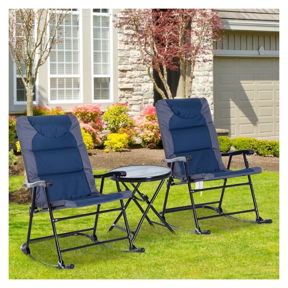 Outdoor Folding Rocking Chair Set - 3 Piece Patio Furniture with Table - Blue & Gray
