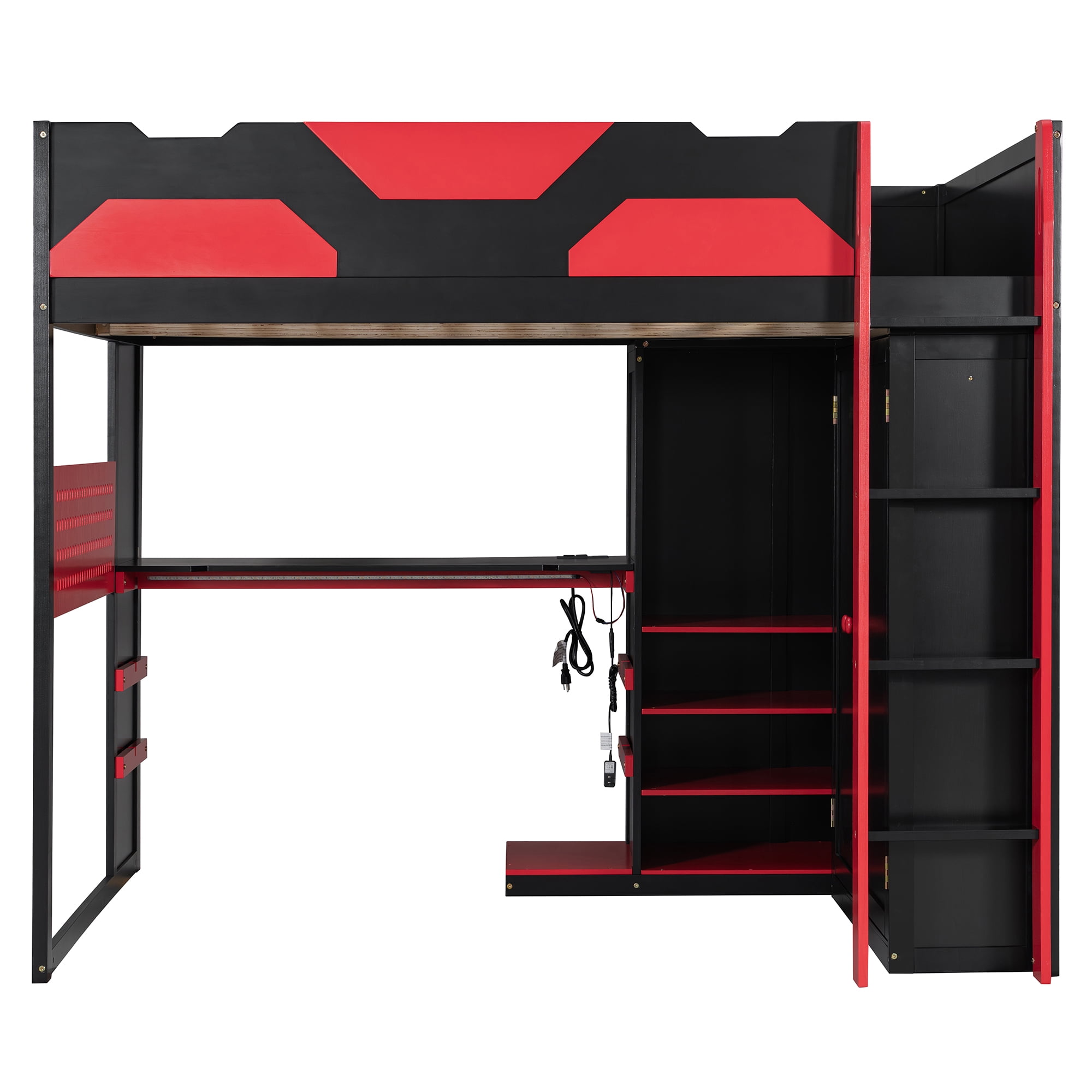 Mintazer Full Gaming Loft Bed with Adjustable Desk & Wardrobe, Modern Design with RGB Lights & Storage Pegboard, Black & Red