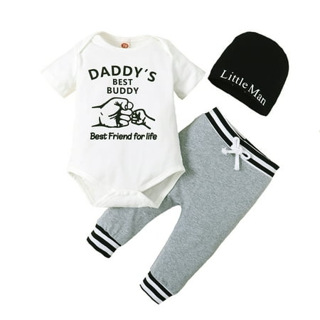 

KIMI BEAR Baby Boys Rompers Outfits 12 Months Infant Boys Spring Summer Clothing Set Cozy Round Neck Letter Print Short Sleeve Jumpsuits Pants Hat 3PCs Set 12-18 Months White