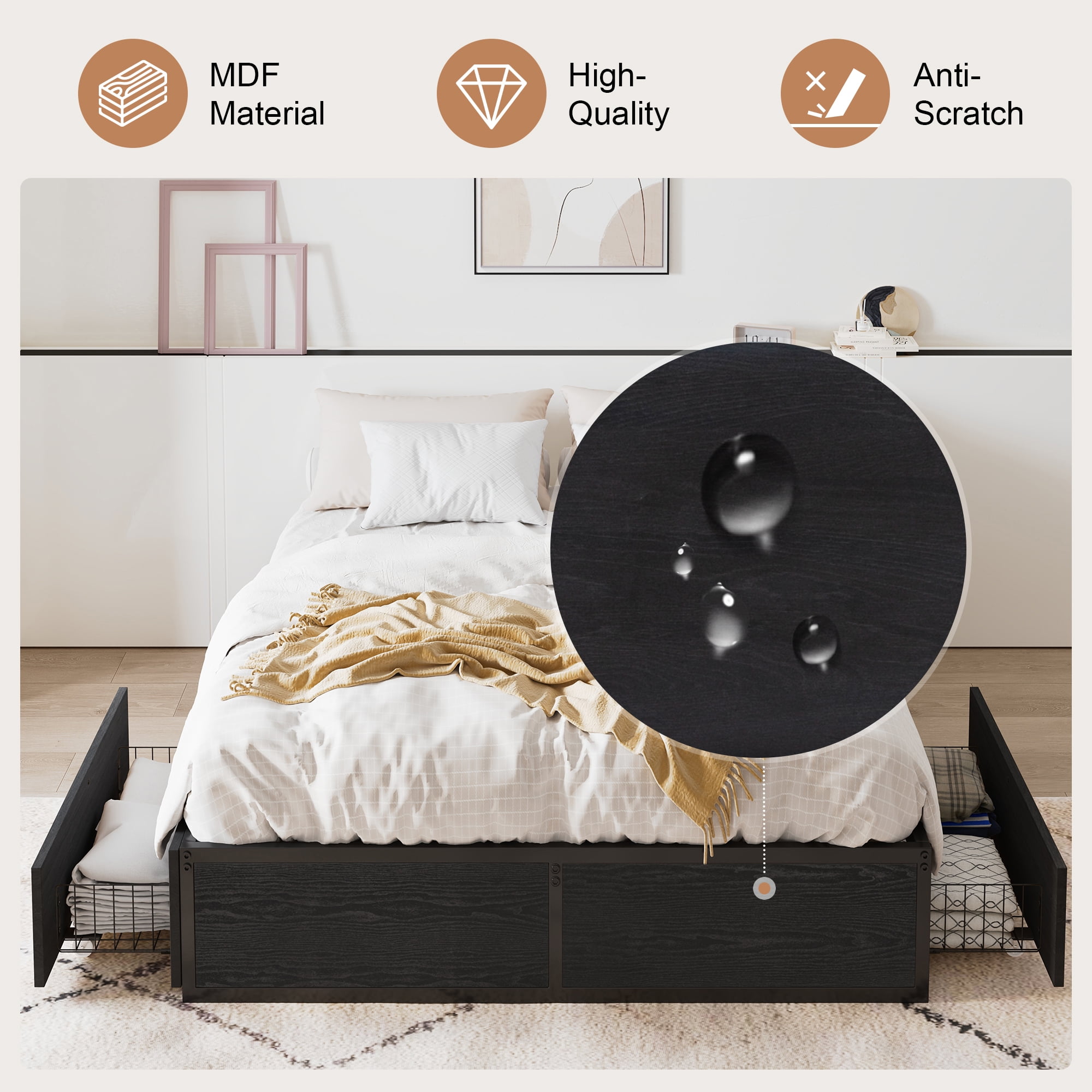 Amolife Full Bed Frame, Metal Storage Platform Bed with 2 Ultra-Flexible Drawers & Easy Assembly, Black