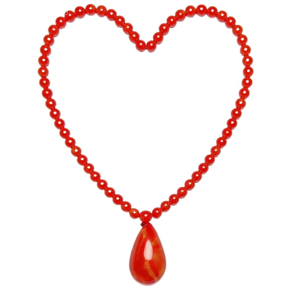 Red Beaded Pendant Necklace, Teardrop Charm, Round Beads, Heart-Shaped Display