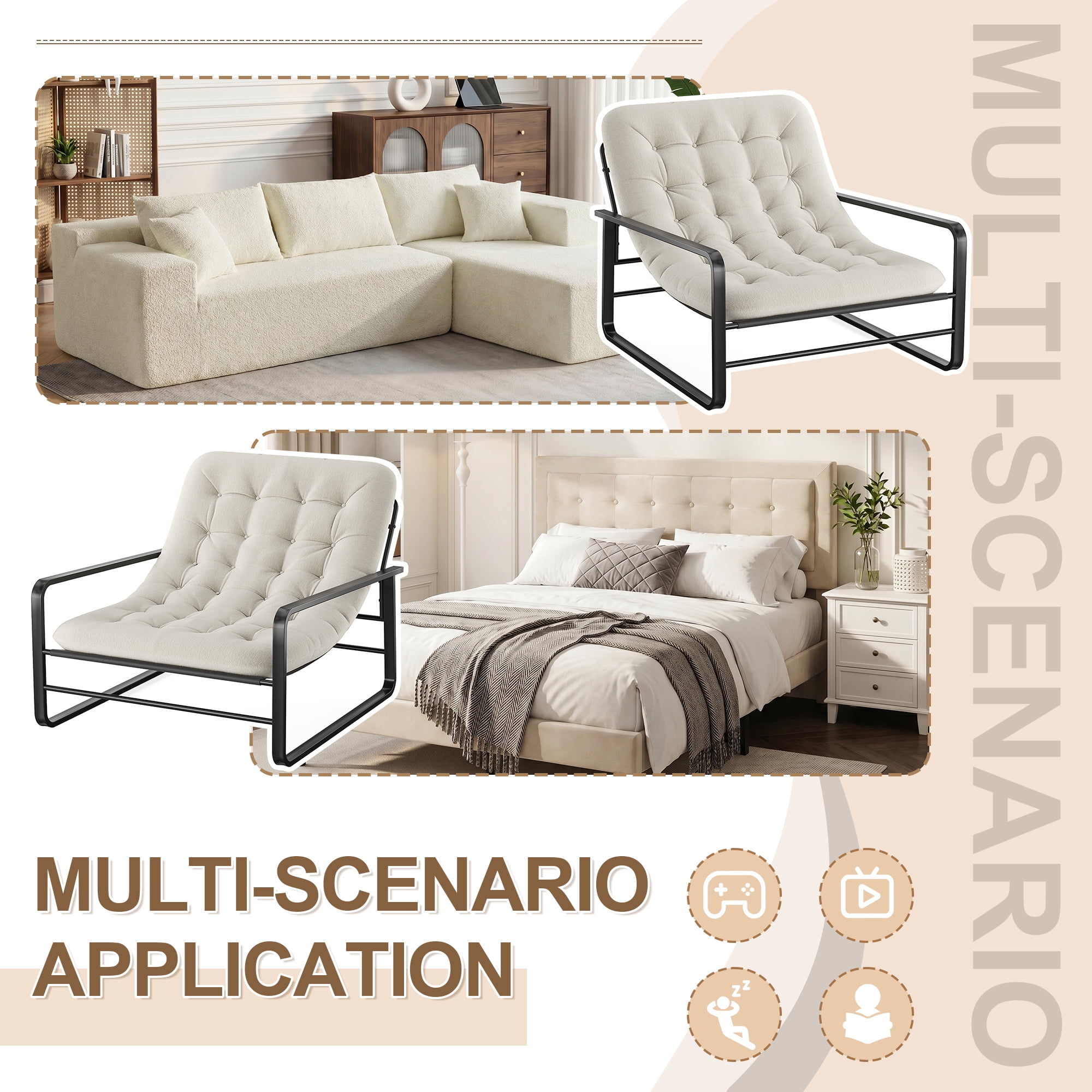 MAYEERTY 41.7" Beige Boucle Metal Frame Accent Chair, 350LBS High Density Sponge Lounge Chair for Living Bedroom Balcony