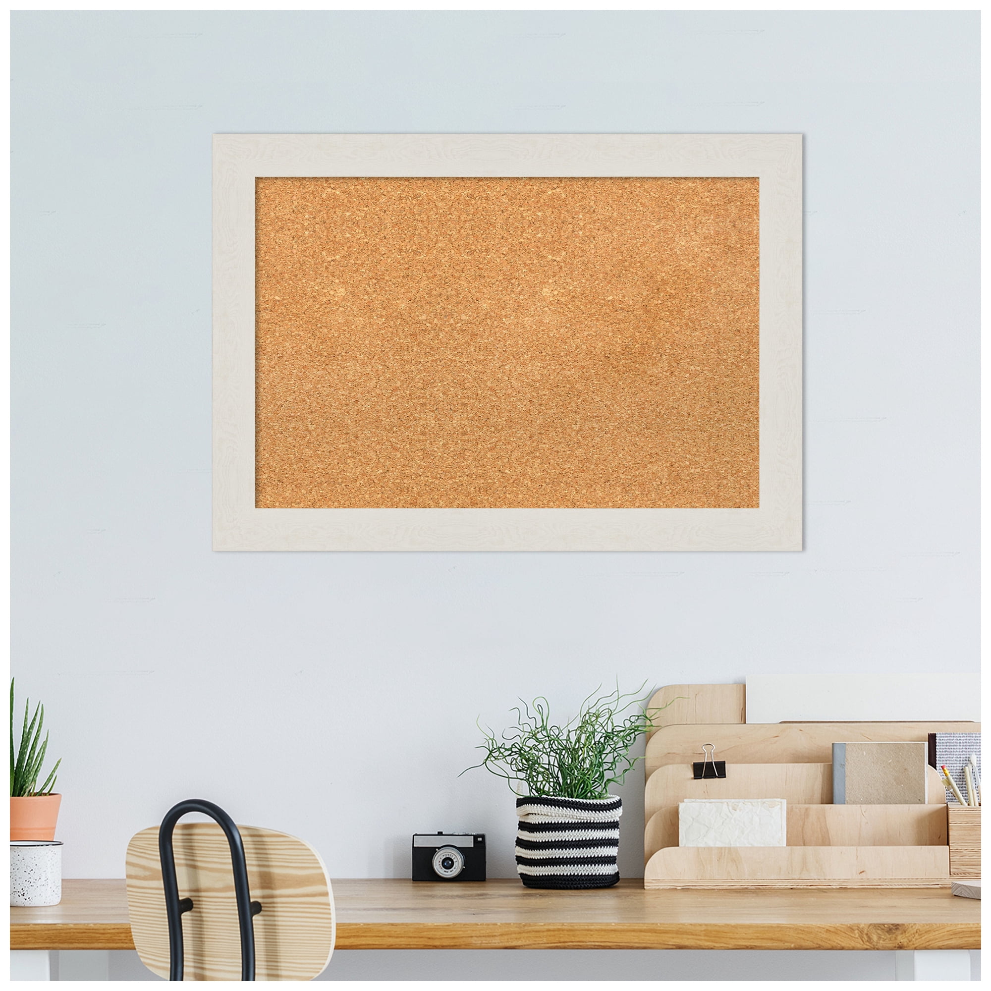 Amanti Art Natural Cork Board Framed Rustic Plank White Narrow Bulletin Board 27 in. x 19 in.