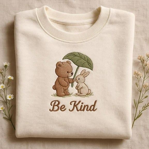 Embroidered Be Kind Bear and Bunny Sweatshirt, Cottagecore Animal Kindness Sweater, Cute Rabbit Teddy Crewneck, Nature Gift