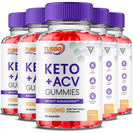 (5 Pack) Turbo Ripped ACV + Keto 1000mg Gummies Apple Cider Vinegar Vitamin B12 Vitamin B6 for Gut Health (300 Gummies)