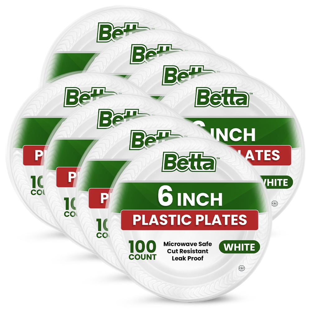 Betta 6-Inch Disposable Plastic Dessert Plates, White, 800 Count, Bulk Case, Microwave Safe (8 Pack Per Box x100)