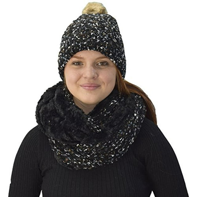Peach Couture Thick Cable Knit Faux Fur Plush Double Layer Hat Infinity Scarf Set
