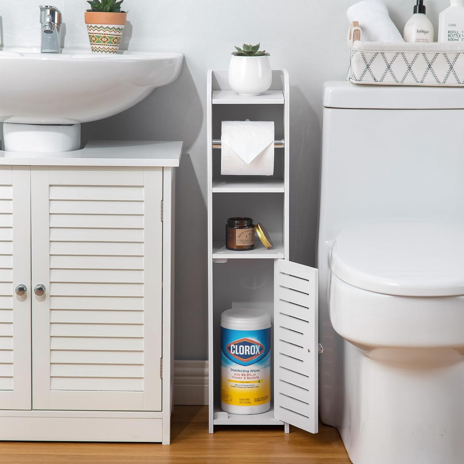 Toilet Storage Cabinet with Paper Holder - Space-Saving Bathroom Organizer (Multi-Color Options)