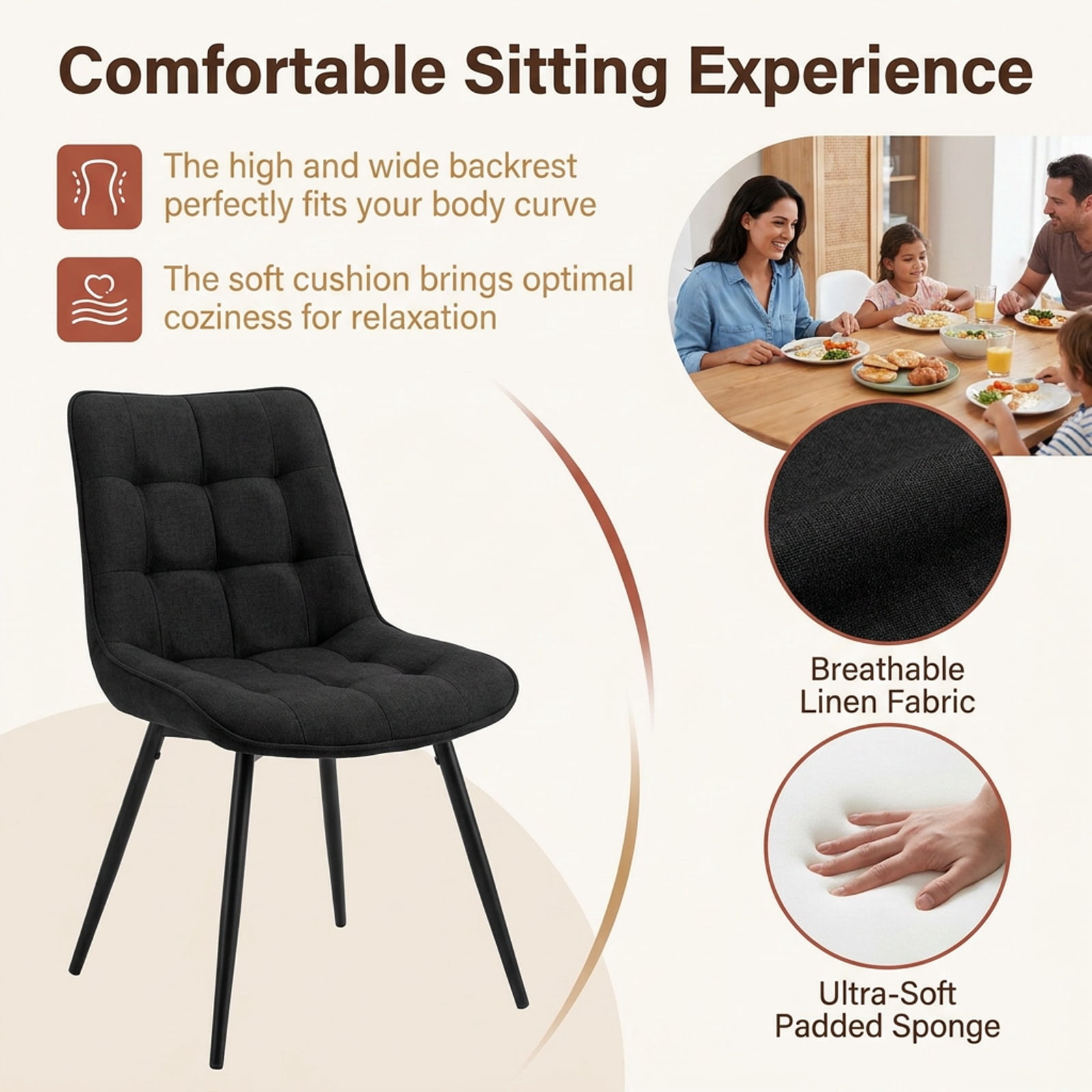 Furnibear Upholstered Dining Chairs Set of 4 with Padded Fabric Cushion and High Back for Kitchen and Dining Room Seating, Black
