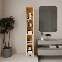 Jopath Natural Bamboo Large Capacity Tall Cabinet,Slim Bamboo Linen Tower With Louvered Door, Tall Bathroom Cabinet With Drawer And Slatted Shelves For Home Or Office