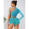 thumbnail image 4 of inlzdz Womens Dancewear Set Shiny Sequins One Shoulder Long Sleeve Crop Top with Feather Triangle Shorts Sky Blue S, 4 of 6