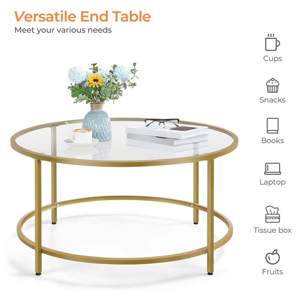 Yaheetech 36in Modern Round Glass-Top Coffee Table for Living Room, Gold