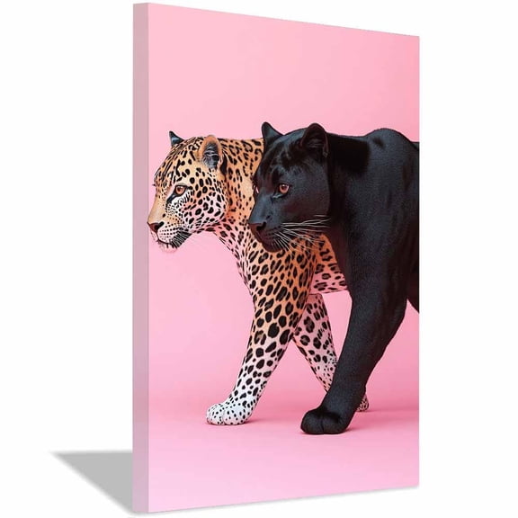 Contrast Tawny Leopard Black Panther Side Profile Solid Blush Pink Framed Canvas Wall Art,Modern Dual tiger Decor for Bedroom Lounge Ready to Hang-12"L x 8"W