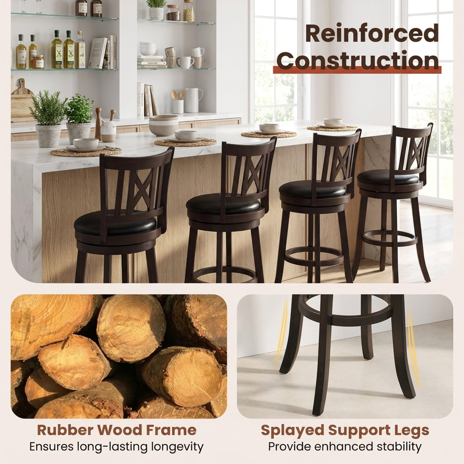 Furnibear Set of 2 Bar Stools Swivel Bar Chairs with Hollowed Backrest and Footrest-30 inches for Kitchen Island Counter Bar Pub Dining Home, Taupe