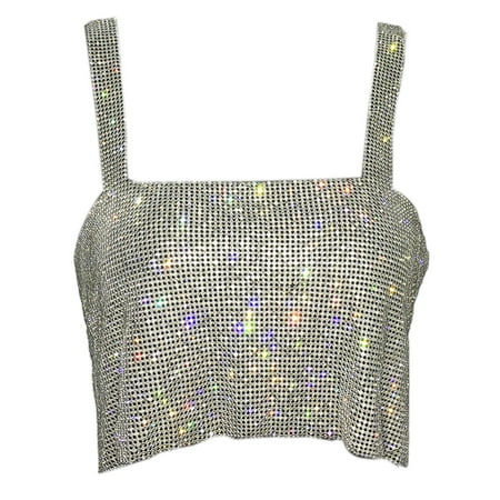 JUNTEX Women Sexy Off Shoulder Cropped Tank Top Glitter Rhinestone Metal Diamond Camis Vest Backless Dancing Festival Party Jewelry Clubwear